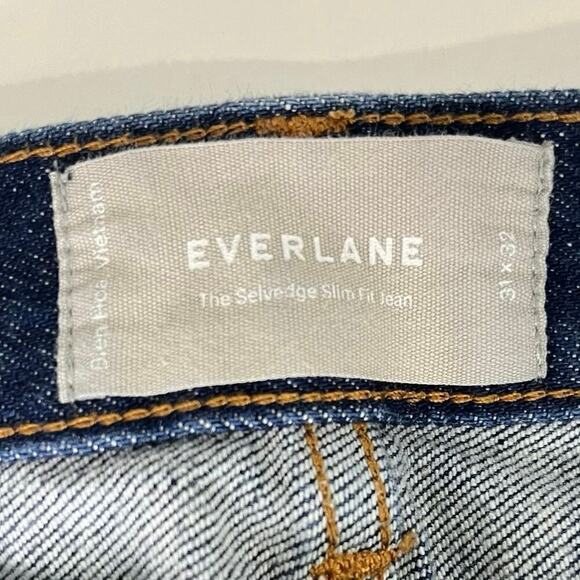 Everlane Jeans Mens 31x32 measures to 32x30.5 Selvedge Slim Fit Blue‎ Denim - Picture 6 of 13